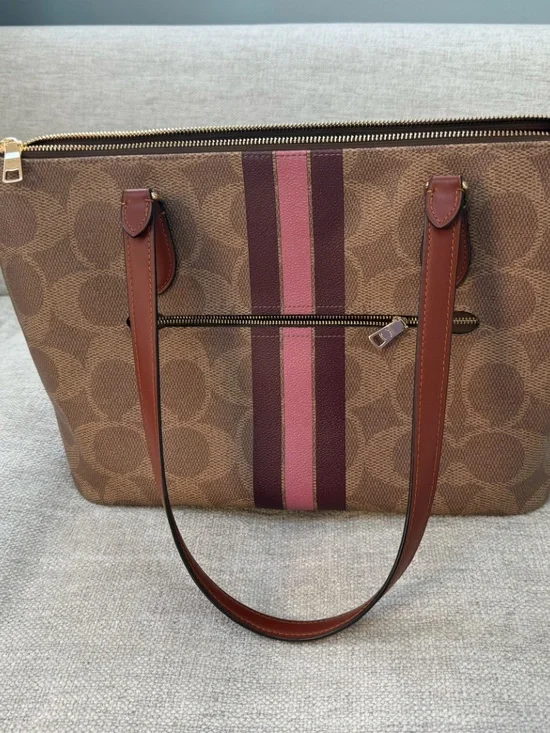 Coach Gallery Tote Bag Signature Canvas Stripe Print CBM18 Gold/Tan Multi - Picture 3 of 7